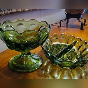 Anchor Hocking Green Glass set of 2 Pedestal Green Bowl, and Divided Relish Dish